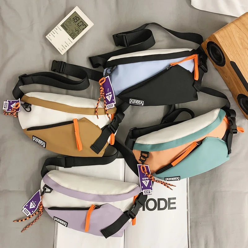 Multicolored canvas chest rig bag women with black straps and orange zipper pulls for fanny pack streetwear use