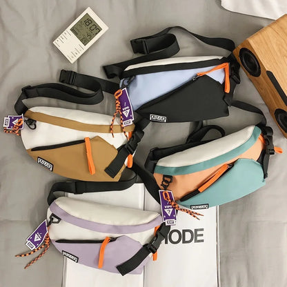 Multicolored canvas chest rig bag women with black straps and orange zipper pulls for fanny pack streetwear use