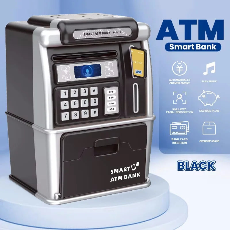 Black and silver plastic children atm automatic deposit teller with keypad digital screen card slot and coin dispenser toy bank