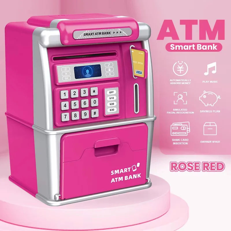 Pink and silver plastic children atm automatic deposit teller machine toy with digital keypad smart password swipe feature