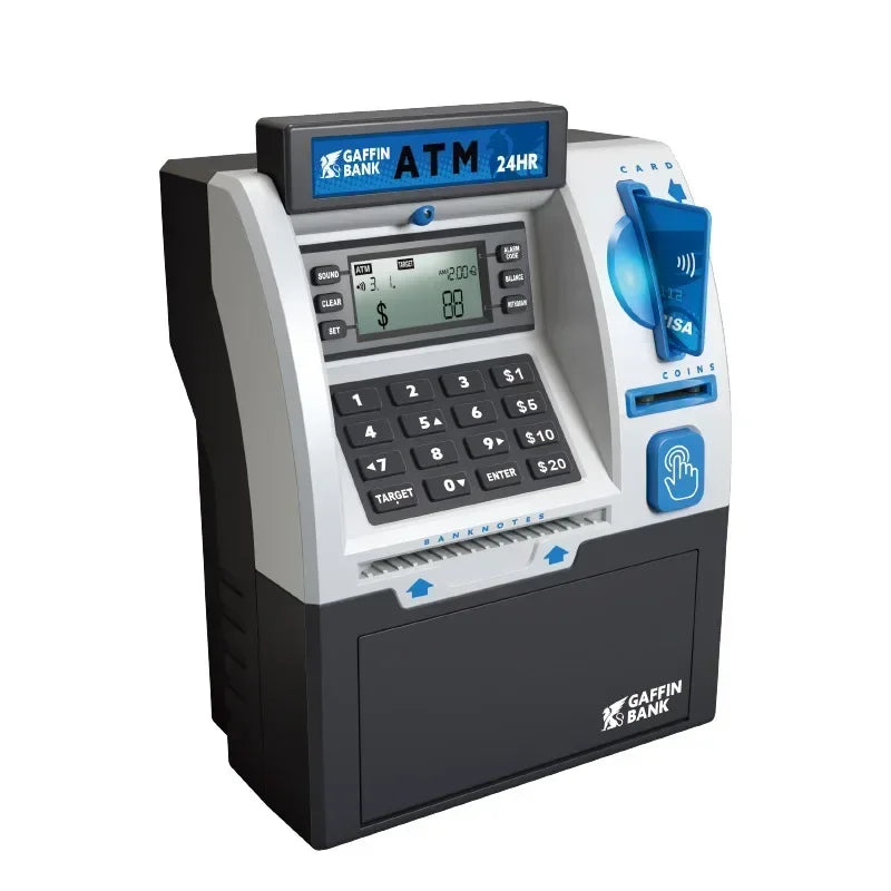 Gaffin bank 24hr atm toy with gray black plastic body blue accents digital screen keypad children atm automatic deposit teller smart password swipe