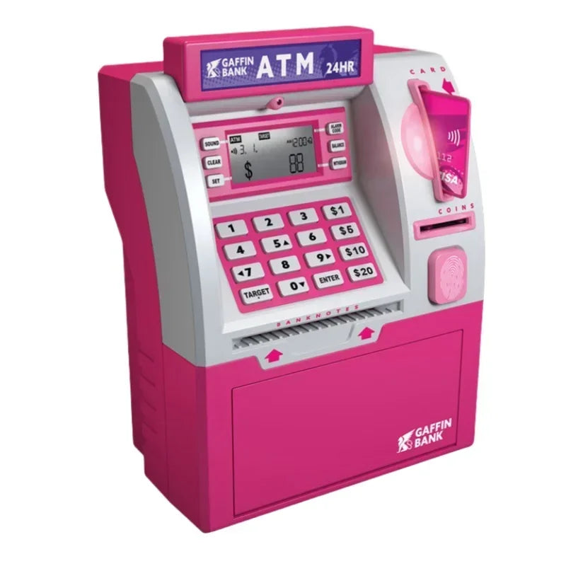 Pink and gray children atm automatic deposit teller toy with digital display smart password swipe card coin slot