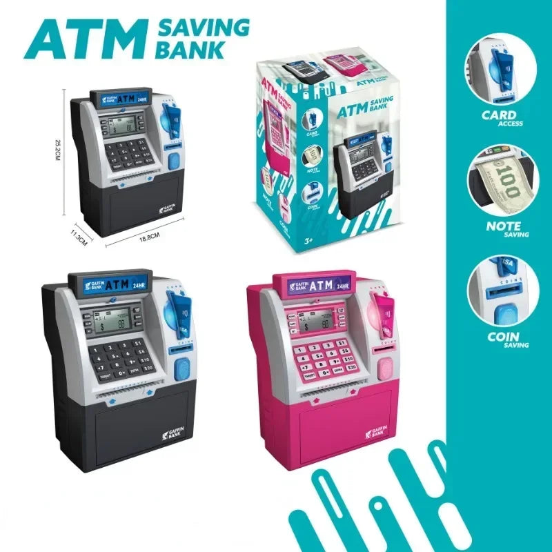 Black and blue children atm automatic deposit teller toy with digital display keypad card slot for smart password swipe saving