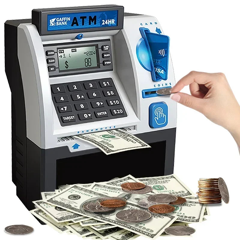 Gray and black plastic children atm automatic deposit teller machine toy with blue accents and smart password swipe features