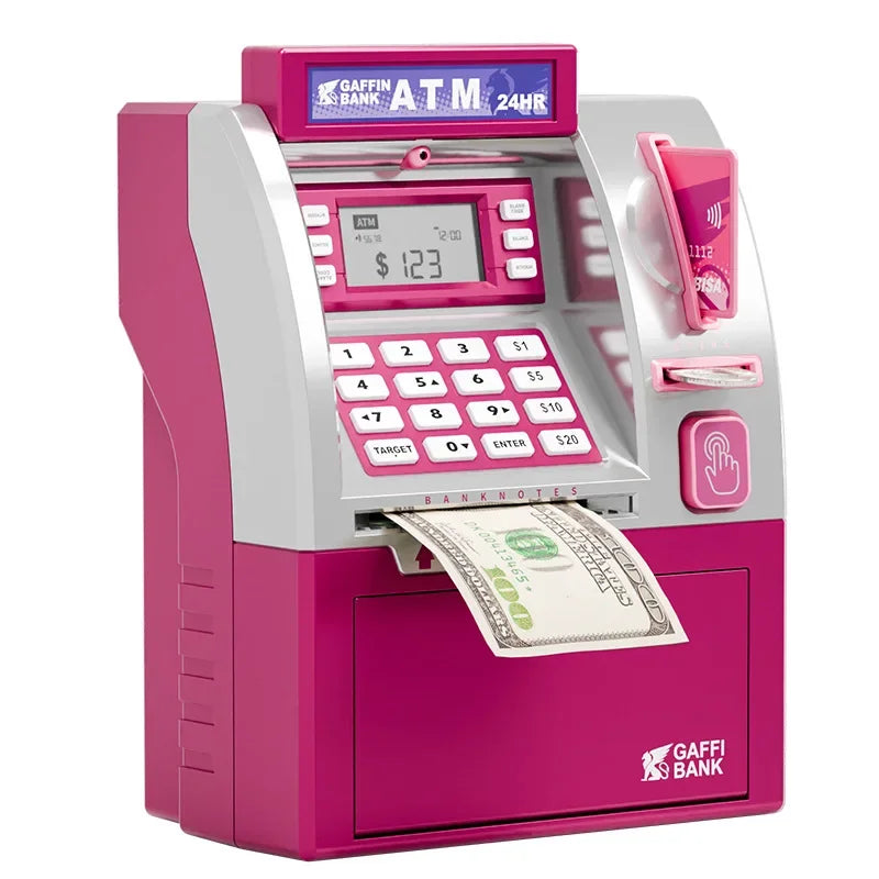 Pink and silver children atm automatic deposit teller toy with smart password swipe card and digital keypad for kids savings