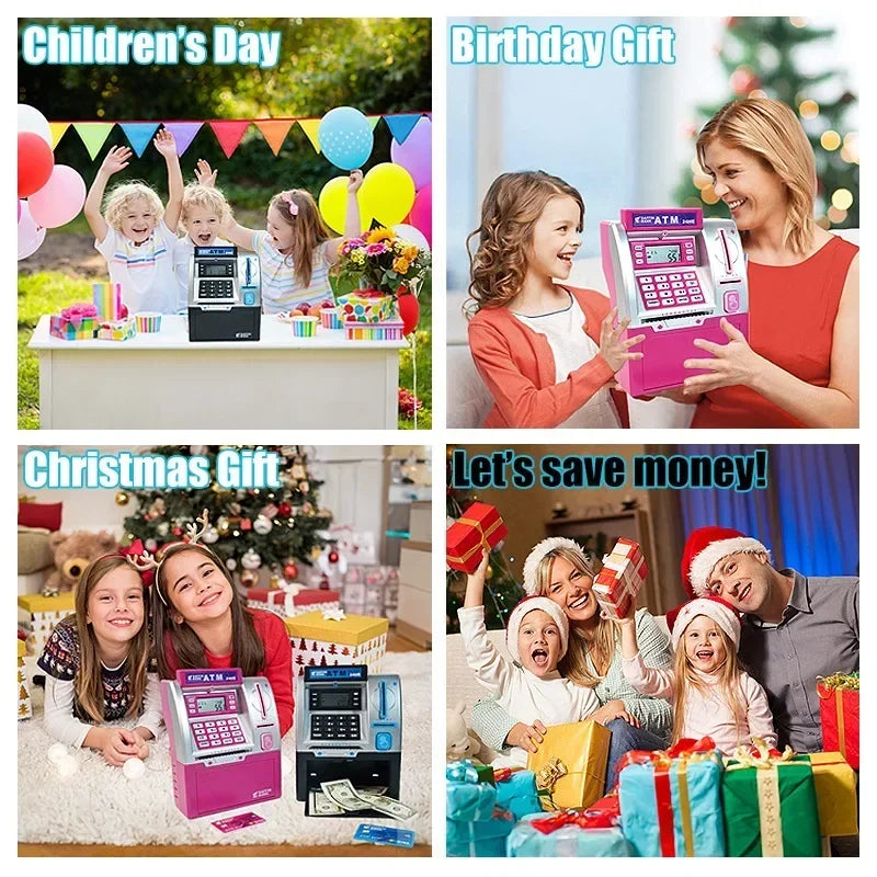 Pink and silver plastic children atm automatic deposit teller machine toy with smart password swipe for kids saving bank