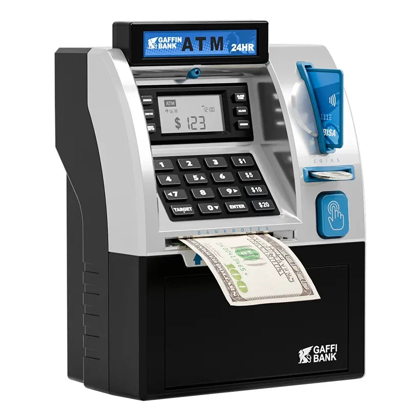 Silver and black children atm automatic toy with blue card reader keypad dispensing hundred dollar bill for kids savings
