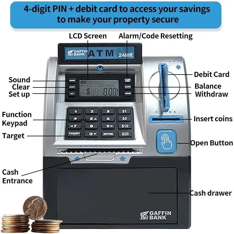 Silver and blue children atm automatic toy with digital display keypad smart password swipe card for kids saving box