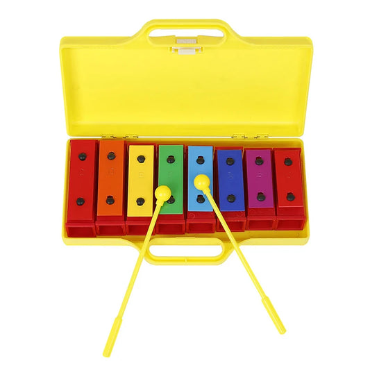 Bright yellow plastic case containing a colorful children xylophone montessori toy with rainbow bars and mallets for learning percussion music