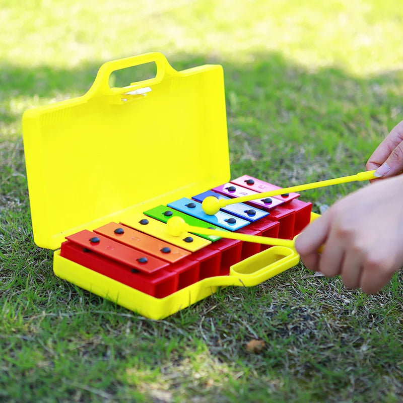 Bright yellow portable xylophone montessori toy with rainbow keys and mallets for early learning percussion music play