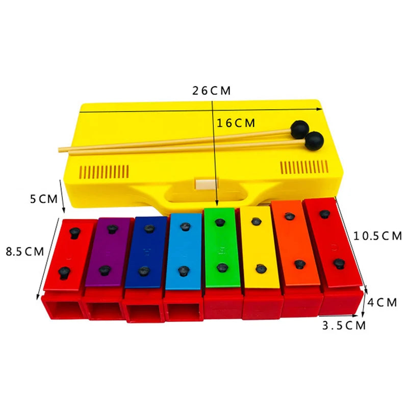 Brightly colored children xylophone montessori toy with rainbow keys and yellow carrying case for learning percussion music