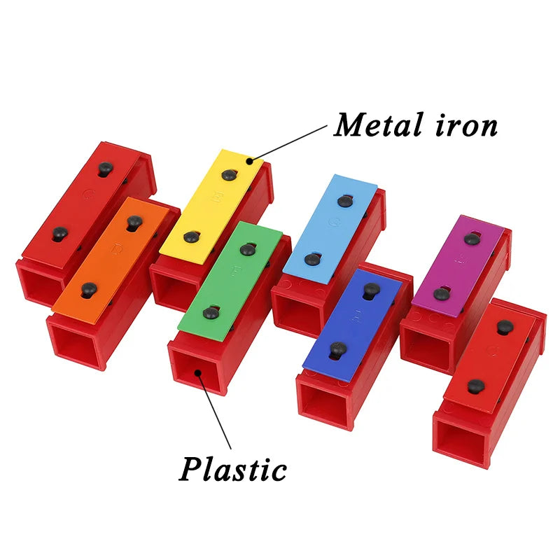 Colorful plastic-framed metal iron xylophone with rainbow bars for learning percussion music and xylophone montessori toy