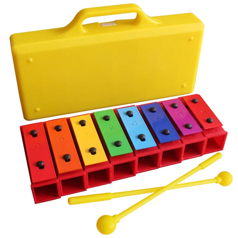Children colorful rainbow plastic xylophone montessori toy with yellow case and mallets for learning percussion music