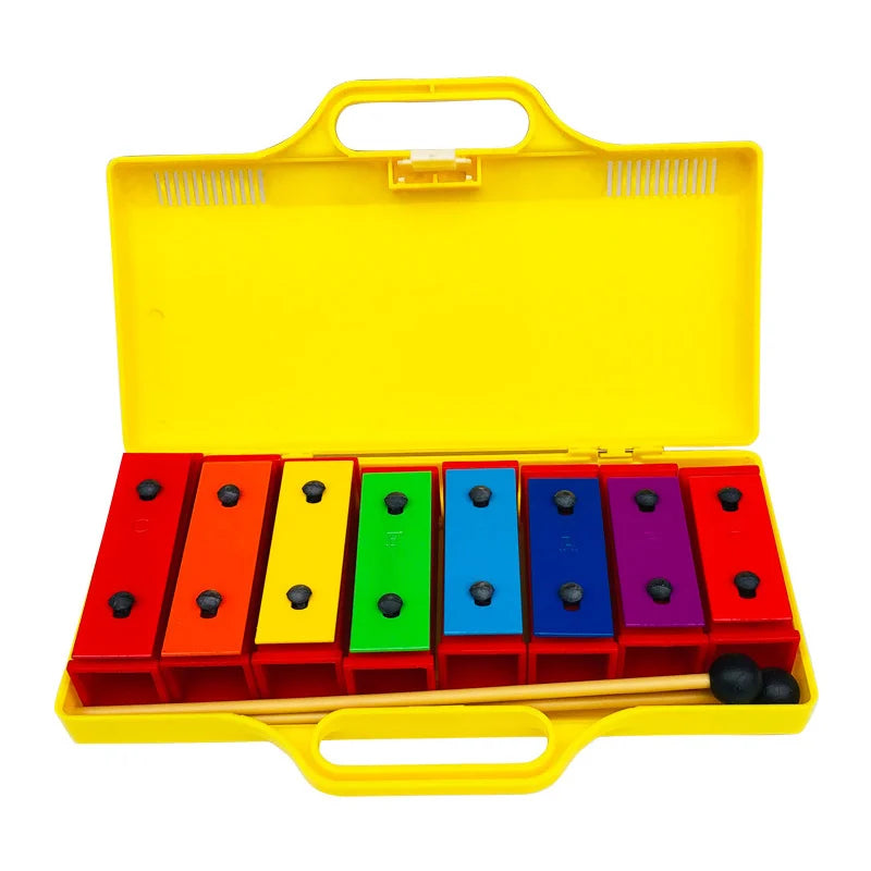 Children colorful 8-tone rainbow metal xylophone montessori toy in bright yellow case for learning percussion music