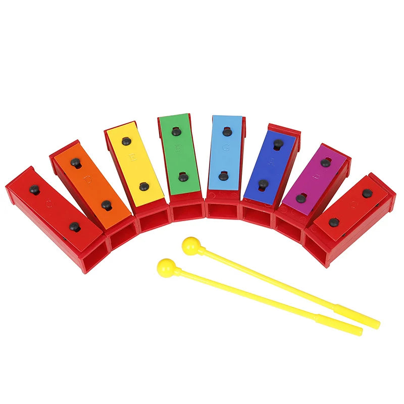 Rainbow-colored children xylophone montessori toy with red plastic frame and black mallets for learning percussion music