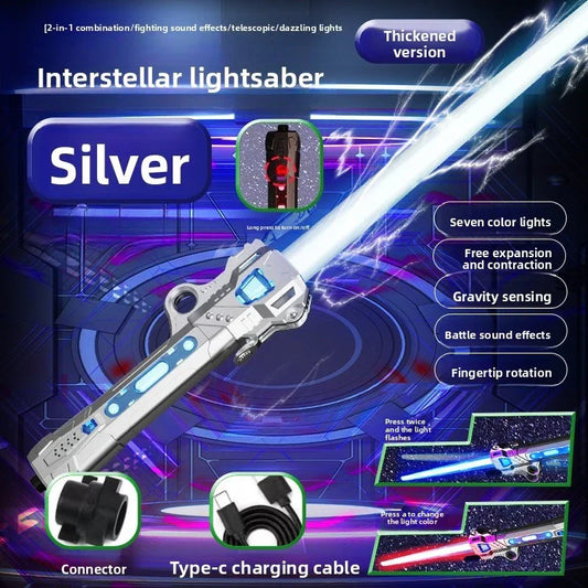 Silver interstellar colorful glowing sword with sleek metallic handle seven color modes rotating decompression toy