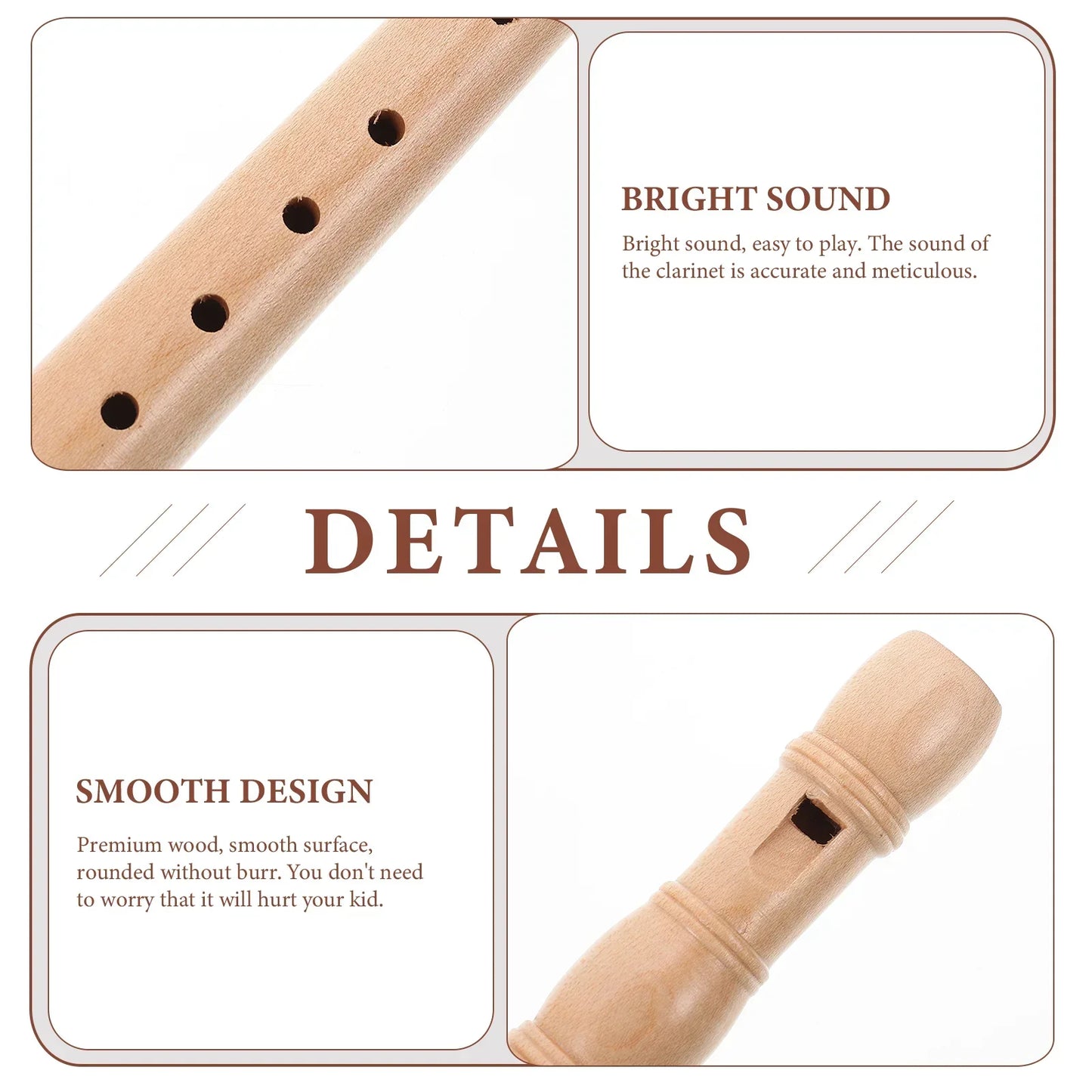 Light-colored wooden children flute recorder with smooth edges and four finger holes clarinet kids musical instrument toy educational