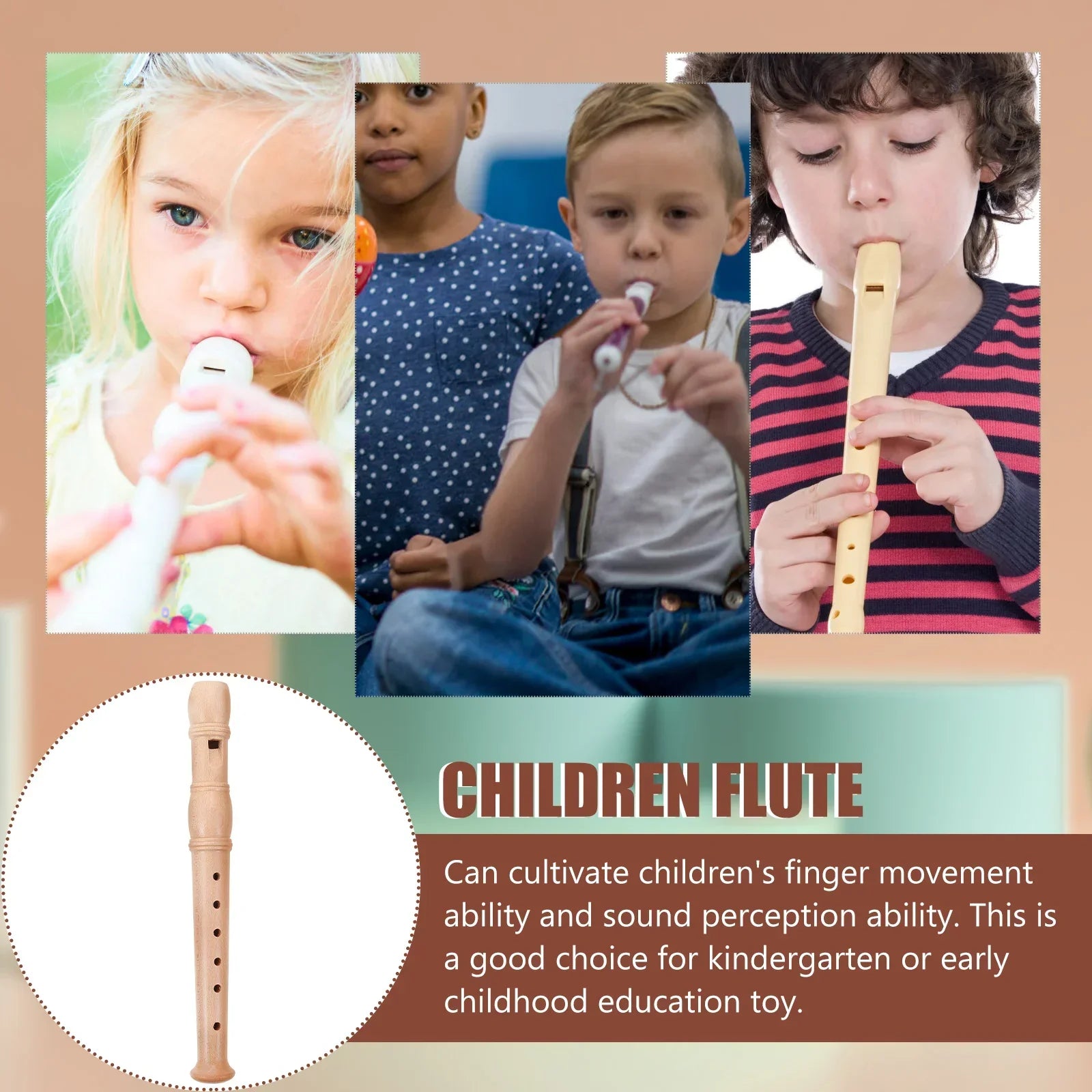 Light-colored wooden children flute recorder with simple design and finger holes clarinet kids musical instrument toy educational