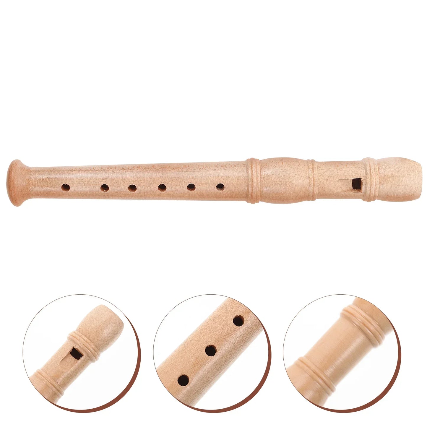 Light-colored wooden children flute recorder with six finger holes and a flared end educational instrument toy