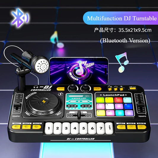 Black multifunction children musical dj mixer with colorful pads built-in microphone light bluetooth dj turntable toy