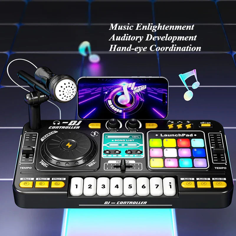 Black plastic children musical dj mixer with colorful button pad microphone light bluetooth and numeric keypad