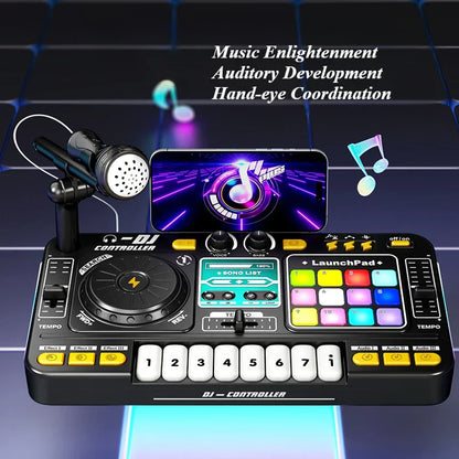 Black plastic children musical dj mixer with colorful button pad microphone light bluetooth and numeric keypad