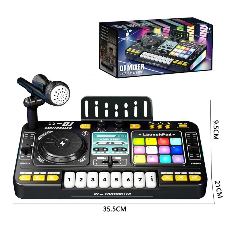 Black plastic musical dj mixer toy with colorful illuminated buttons microphone light bluetooth and bluetooth dj turntable features