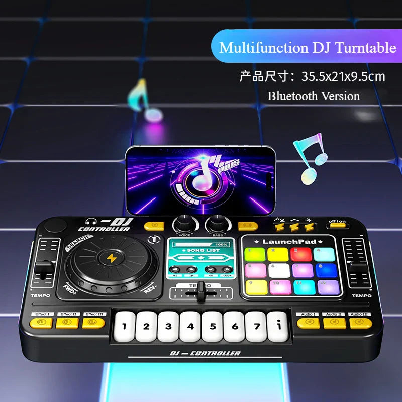 Black multifunction children musical dj mixer with colorful illuminated pads and microphone light bluetooth features