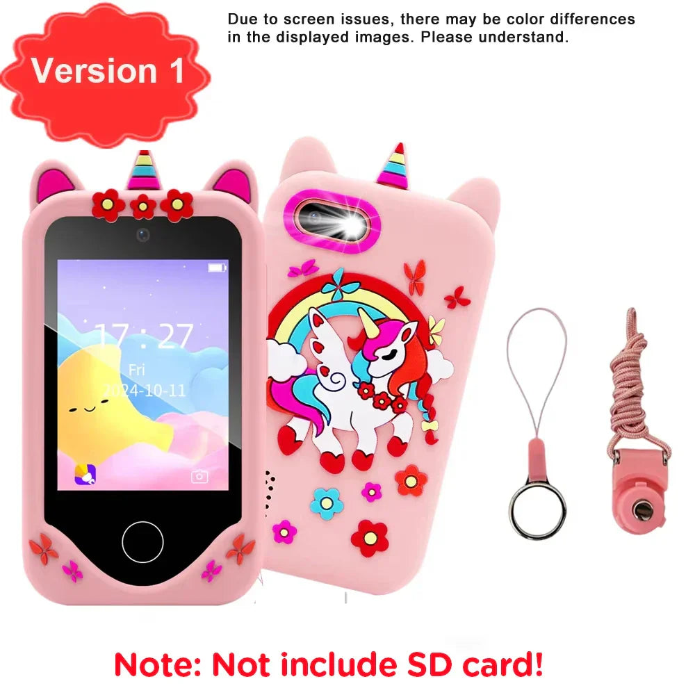 Pink unicorn-themed silicone phone case with rainbow flower decals cat ears and horn for children phone educational toys baby mobile selfie