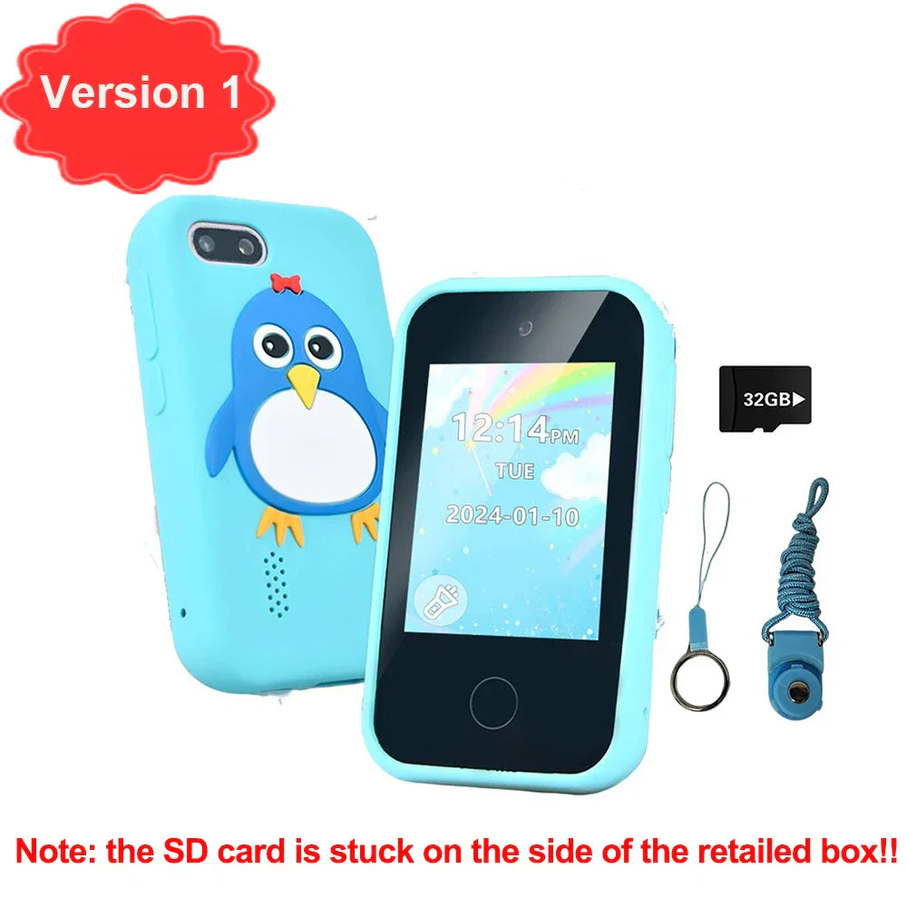 Light blue penguin-themed silicone children phone educational case with yellow feet and red bow for games musical toy baby mobile selfie