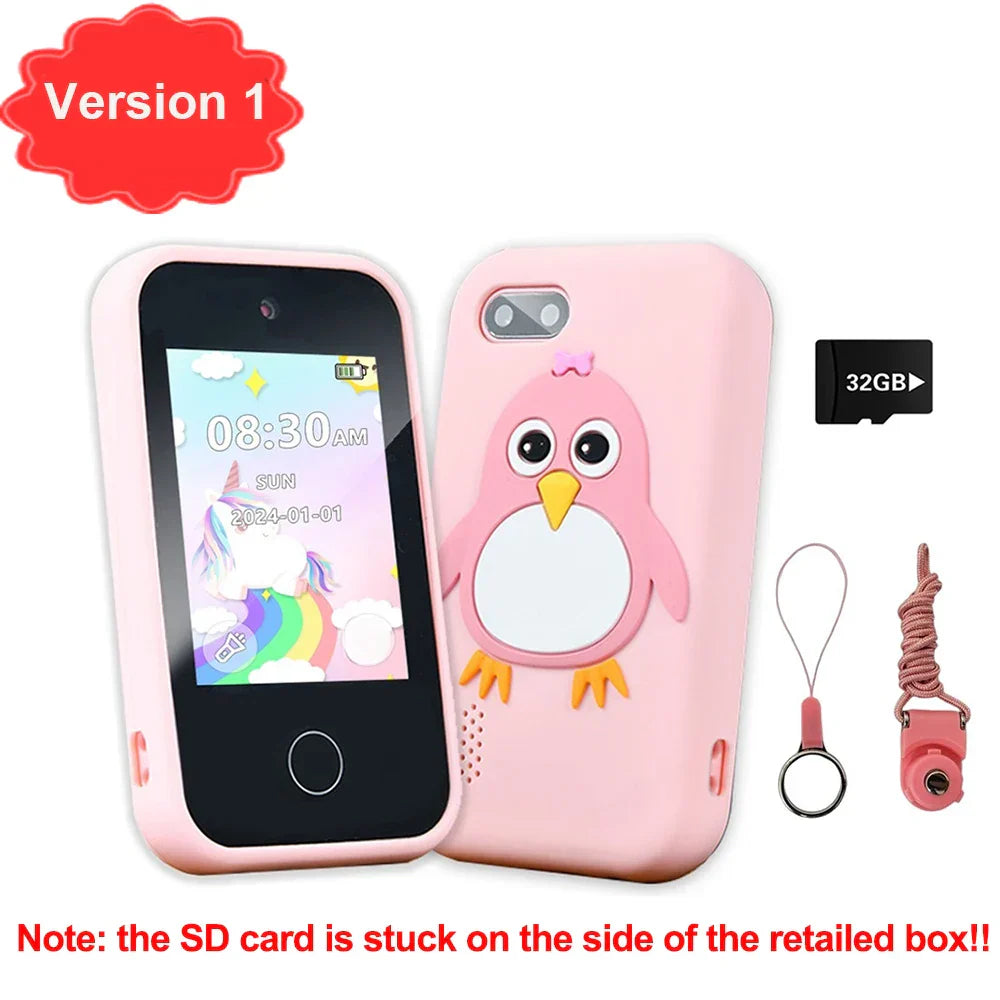 Pink penguin-themed silicone children phone educational case with white belly yellow beak feet for games musical toy use