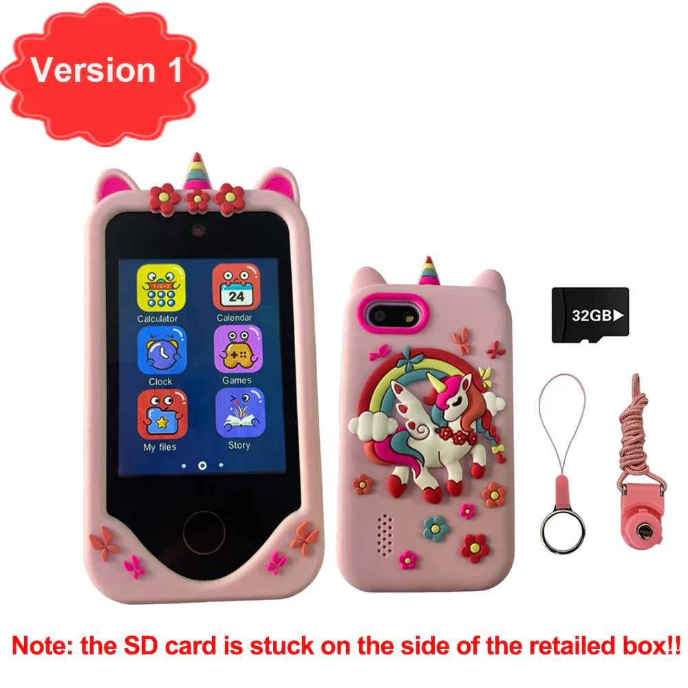 Pink unicorn-themed silicone children phone educational case with cat ears and floral decorations for games musical toy and baby mobile selfie use