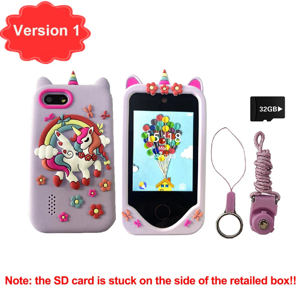 Purple unicorn-themed children phone educational games musical toy case with pink accents floral decorations and rainbow design