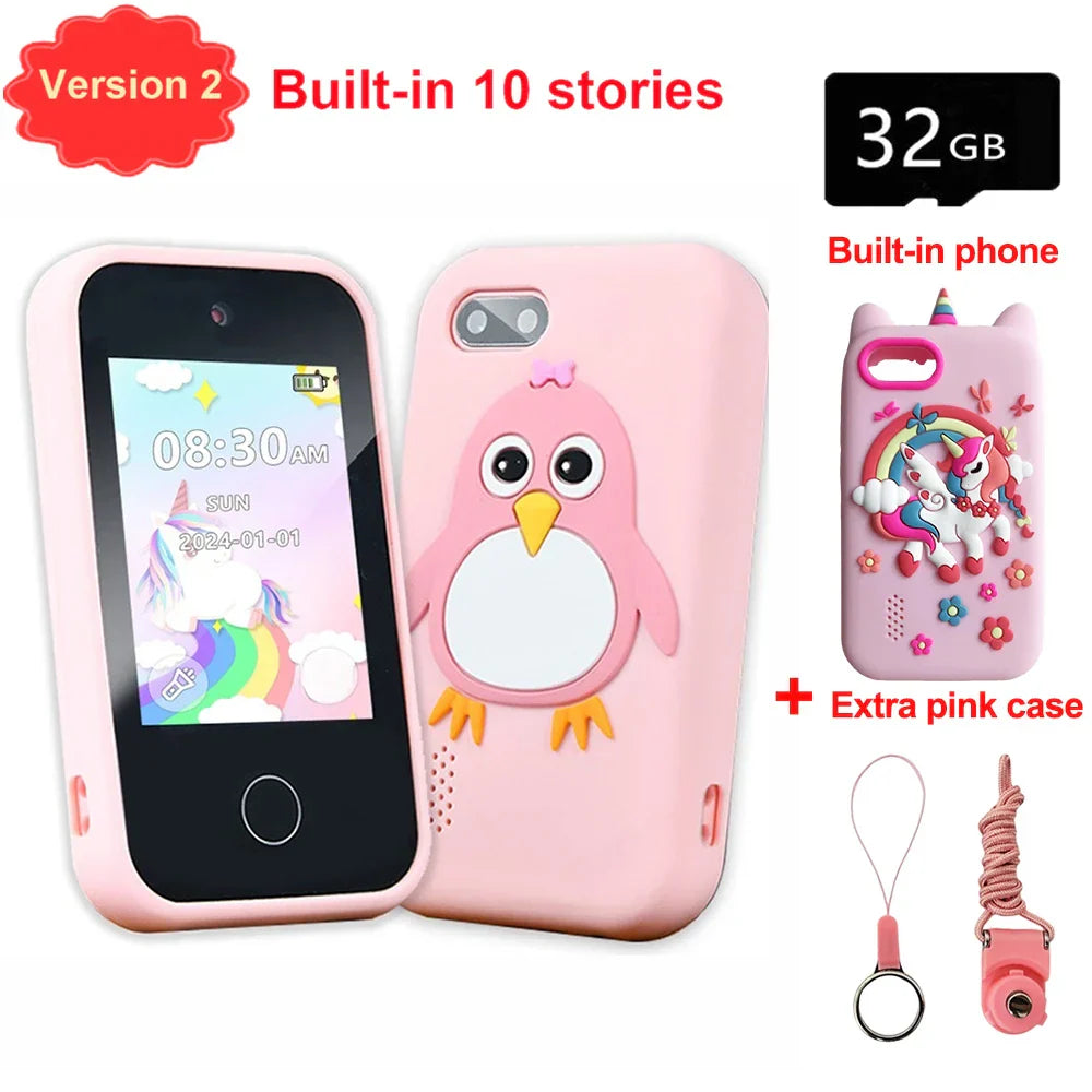 Pink penguin-themed children phone educational case with yellow beak and feet made of soft silicone for games musical toy