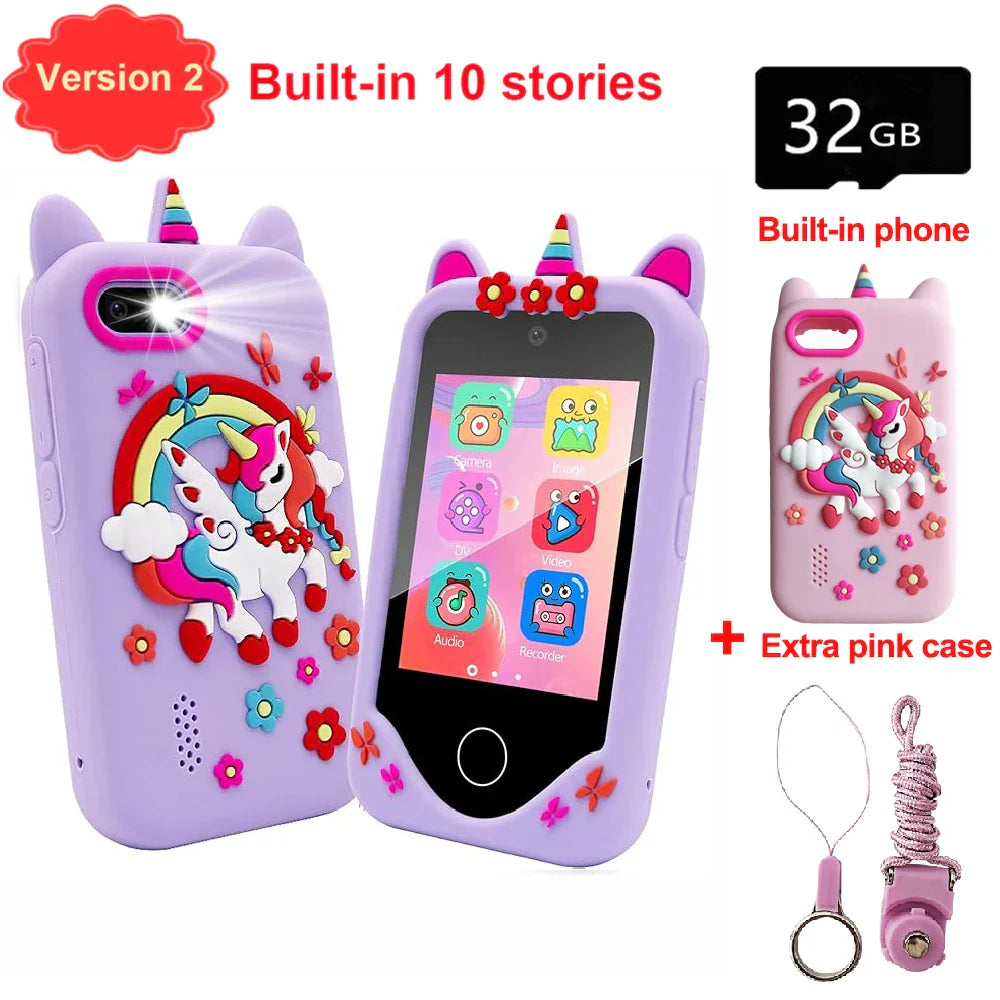 Purple unicorn-themed children phone educational toy with 32gb storage games musical toy baby mobile selfie camera