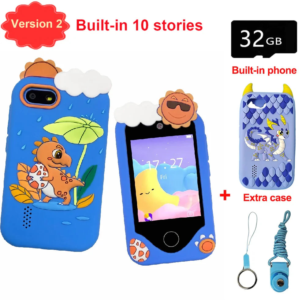 Blue silicone dinosaur-themed children phone educational case with sun and cloud design for games musical toy and baby mobile selfie