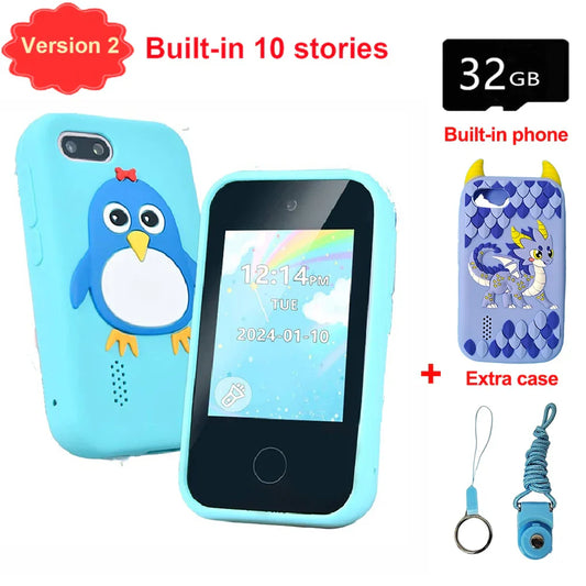 Light blue penguin-themed children phone educational case with red bow for games musical toy and baby mobile selfie use