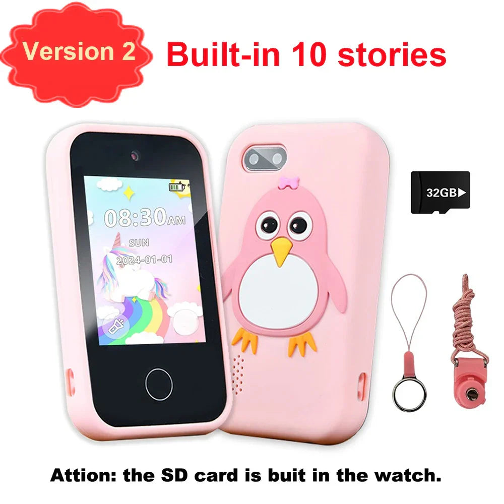 Pink penguin-themed silicone children phone educational case with built-in 10-story storybook watch and selfie camera