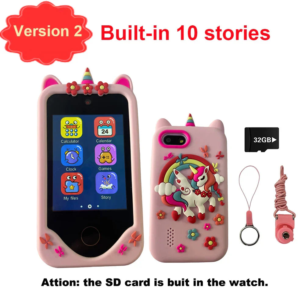 Pink unicorn-themed children phone educational tablet with cat ears floral decorations and 32gb tf card games musical toy