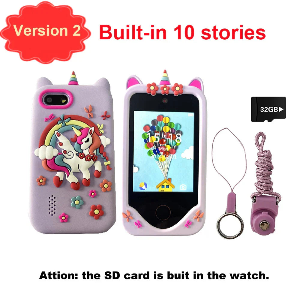 Purple unicorn-themed silicone phone case with rainbow and flower details for children phone educational games musical toy