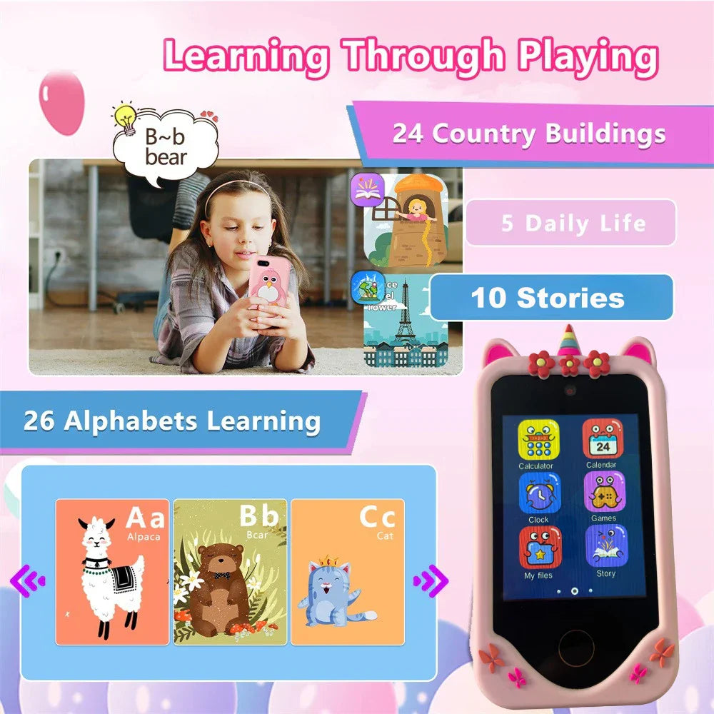 Pink cat-themed children phone educational tablet with colorful apps and decorative flowers for games musical toy use