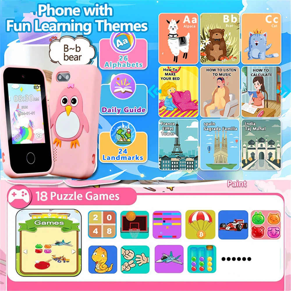 Pink penguin-themed children phone educational toy case with orange feet white belly for games musical toy baby mobile selfie