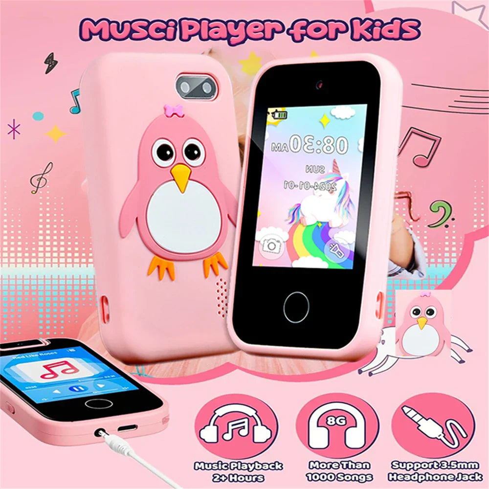 Pink penguin-themed silicone phone case for children phone educational games musical toy with baby mobile selfie feature