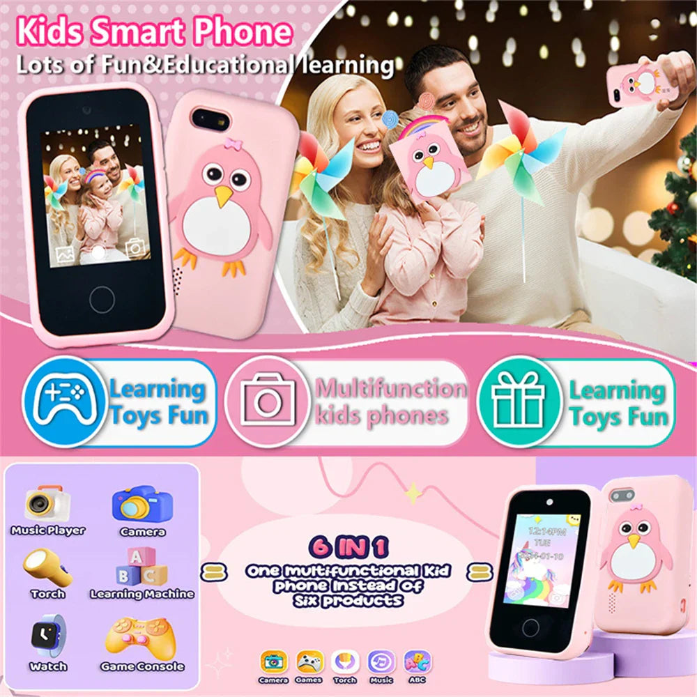 Pink penguin-themed children phone educational toy with soft plastic case games musical toy and baby mobile selfie camera