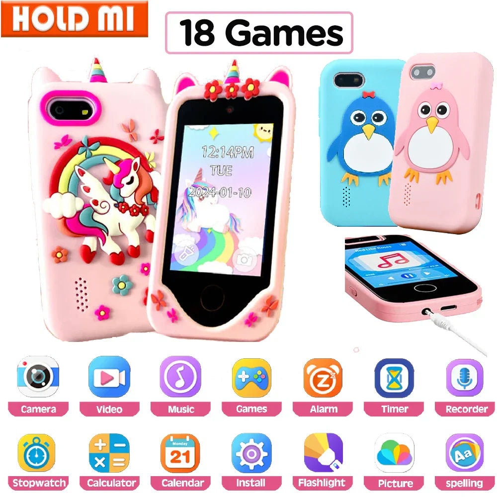 Pink silicone unicorn-themed children phone educational case with rainbow floral details for games musical toy use
