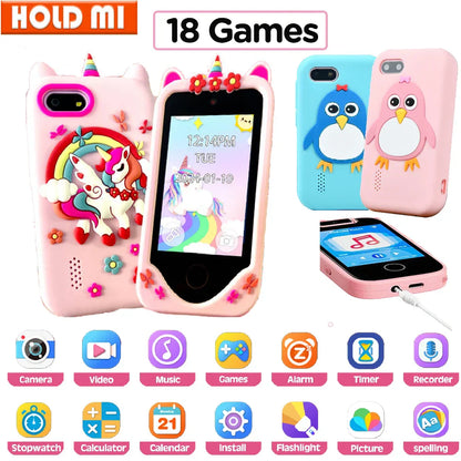 Pink silicone unicorn-themed children phone educational case with rainbow floral details for games musical toy use
