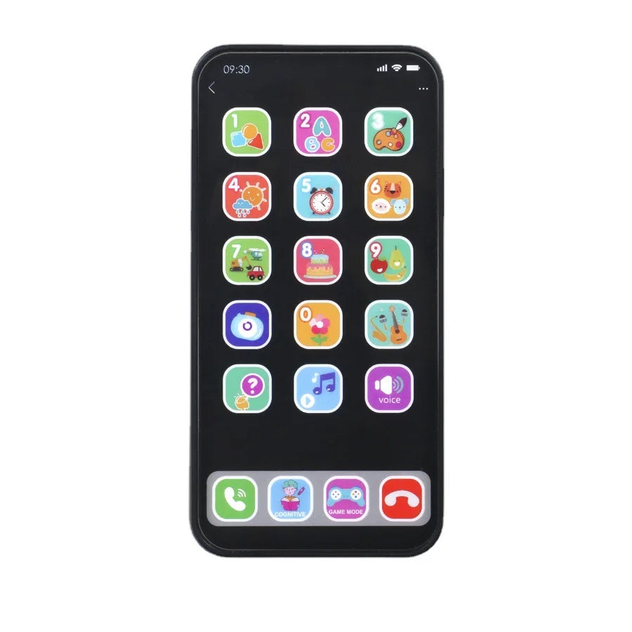 Black plastic children simulation music toy smartphone with colorful app icons for baby english education cognitive phone
