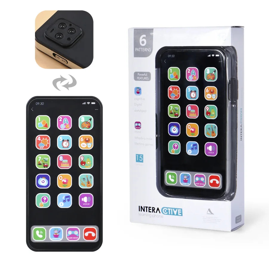 Black plastic children simulation music education cognitive phone toy with colorful app icons and rear camera module