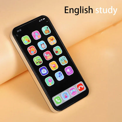 Black and silver children simulation music educational toy phone with colorful cartoon app icons for baby english education cognitive phone