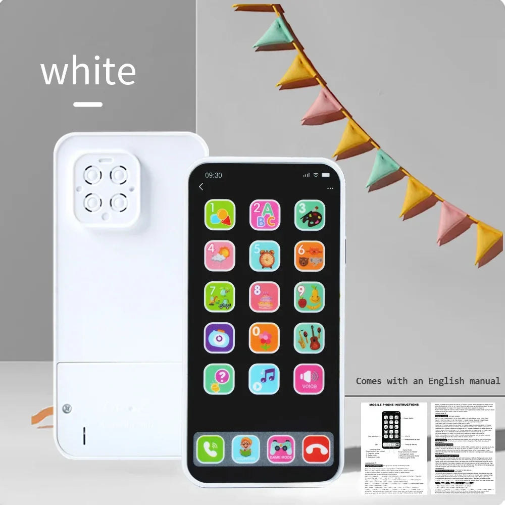 White plastic children simulation music touch screen phone showing colorful app icons and back camera module for baby english education and cognitive learning